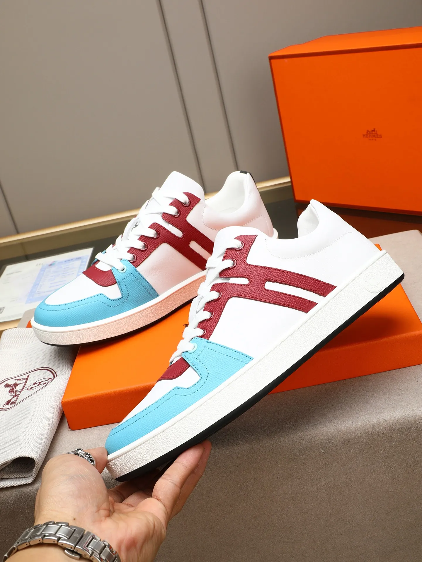 Men's shoes 💰720 [HERMES] Hermès - High-end quality original 🔍🔍🔍 casual sneakers - Upper: 🔝 Napa calfskin, shoe body sewn with brand 'H' totem - Lining: water-dyed cowhide - Outsole: original TPR. :38-44 (45, can be customized)